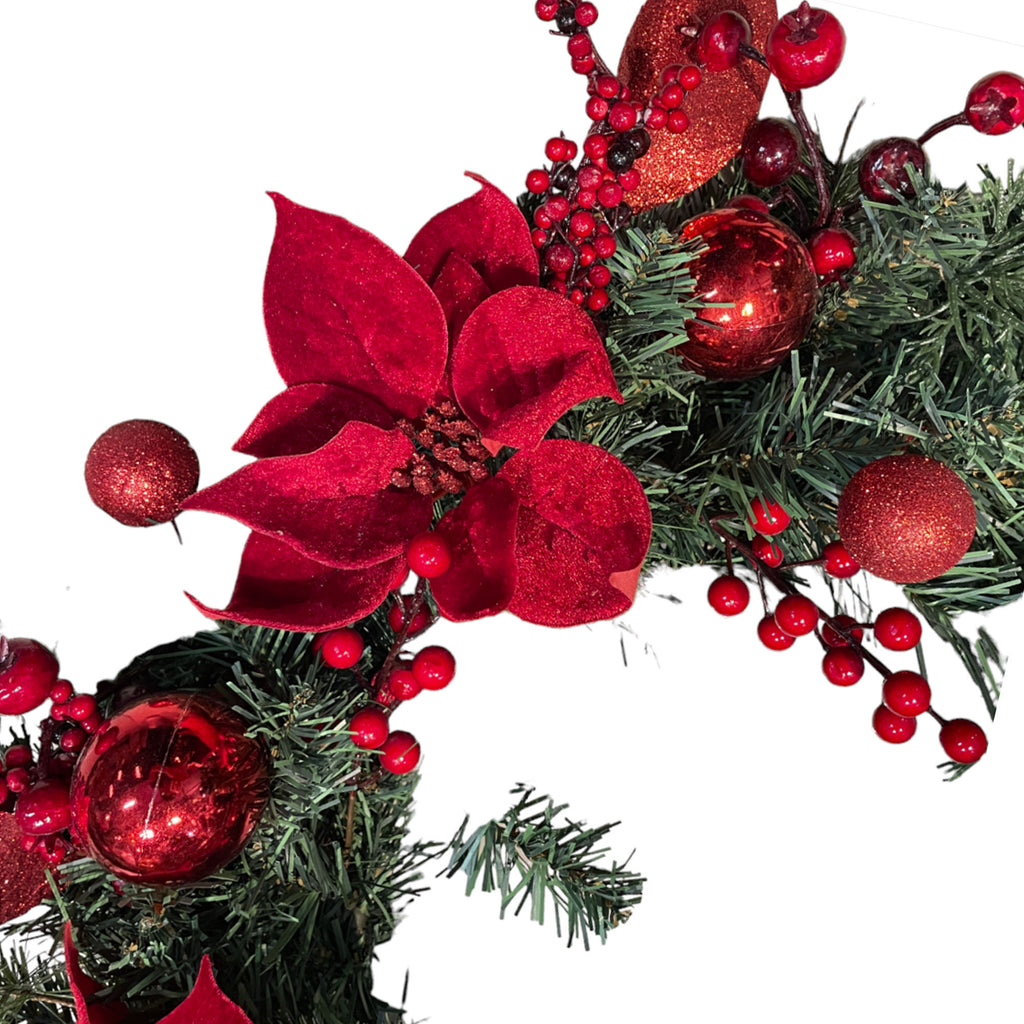 Artificial Wreath with Red Poinsettias & Ornaments