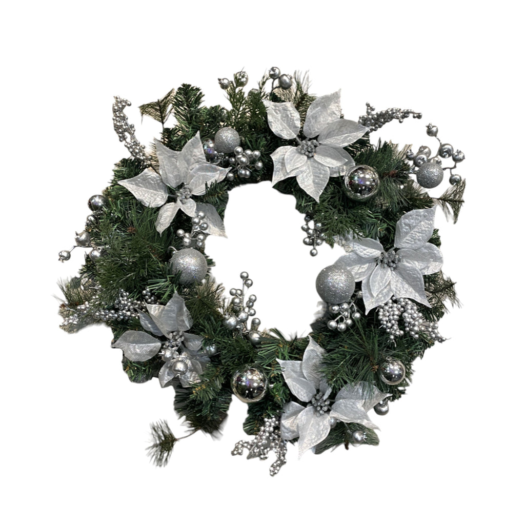 Artificial Wreath with Silver Poinsettias & Ornaments