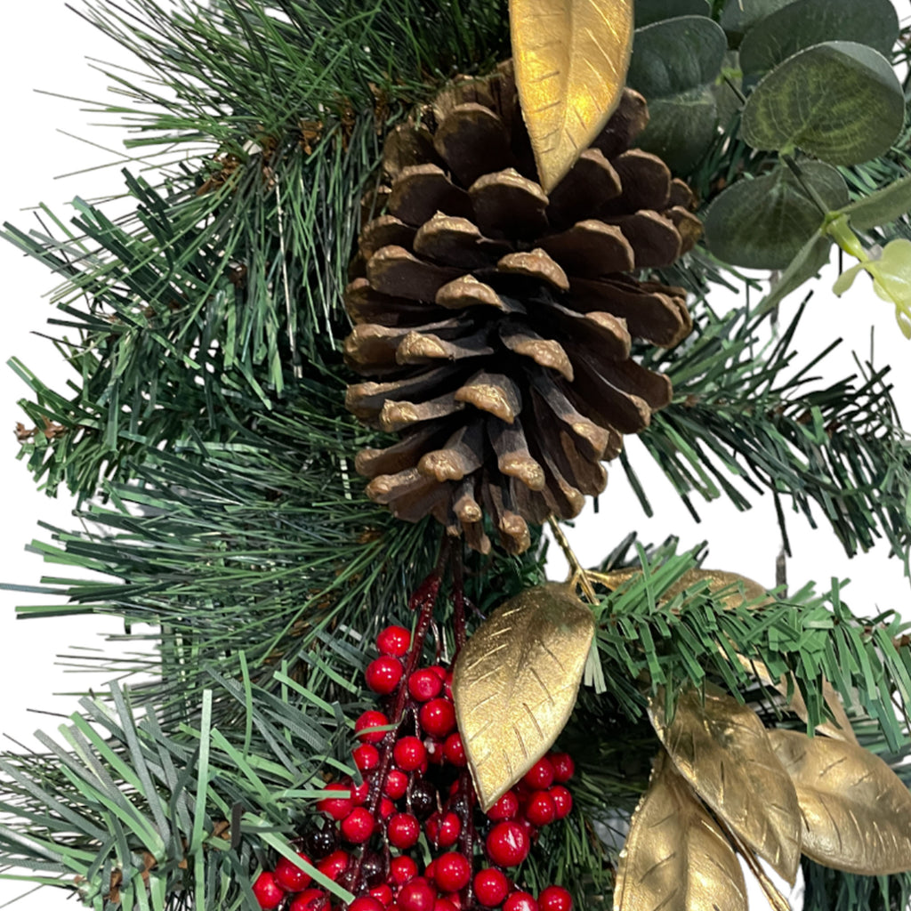 Artificial Garland with 3 red poinsettias, eucalyptus and pine cones