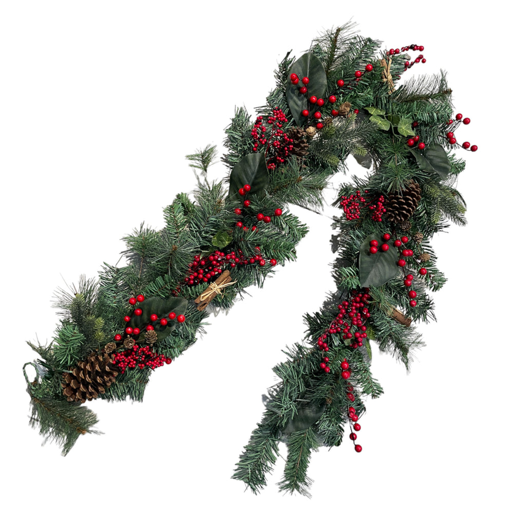 Artificial Garland with red berries, cinnamon sticks and pine cones