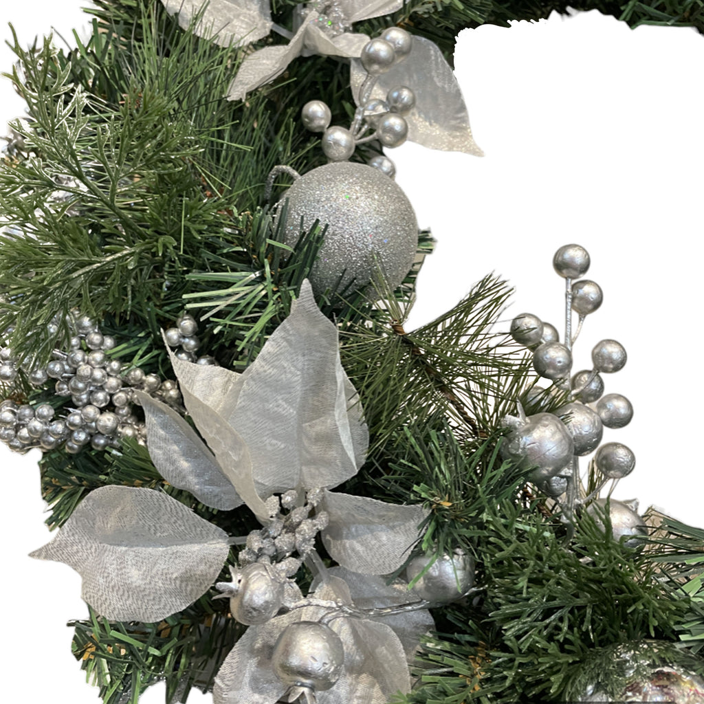 Artificial Wreath with Silver Poinsettias & Ornaments