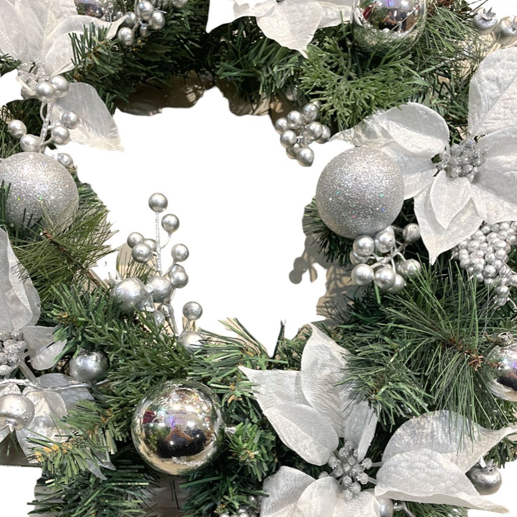 Artificial Wreath with Silver Poinsettias & Ornaments