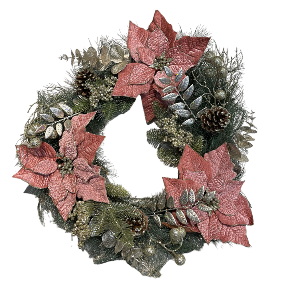 Artificial wreath with pink poinsettias, silver leaves & pine cone