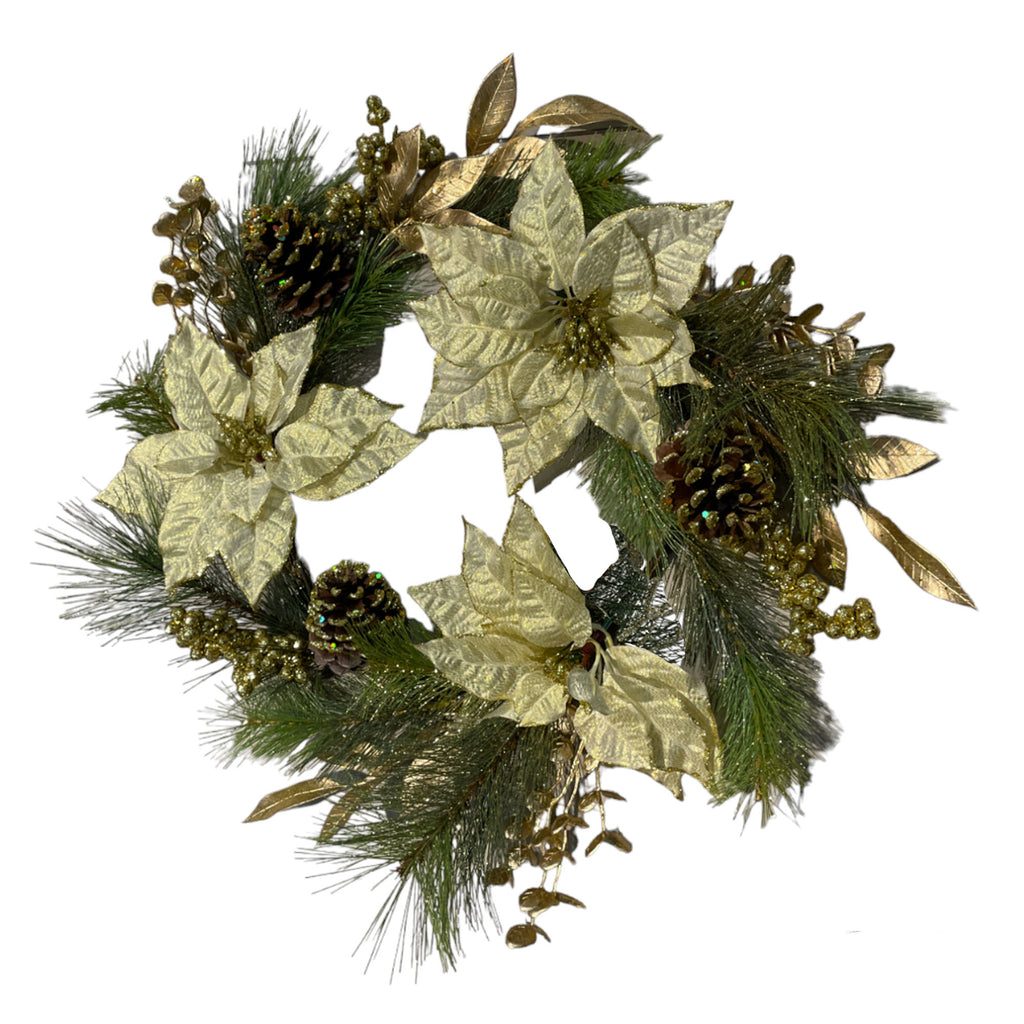 Artificial wreath with cream poinsettias, gold leaves & pinecone