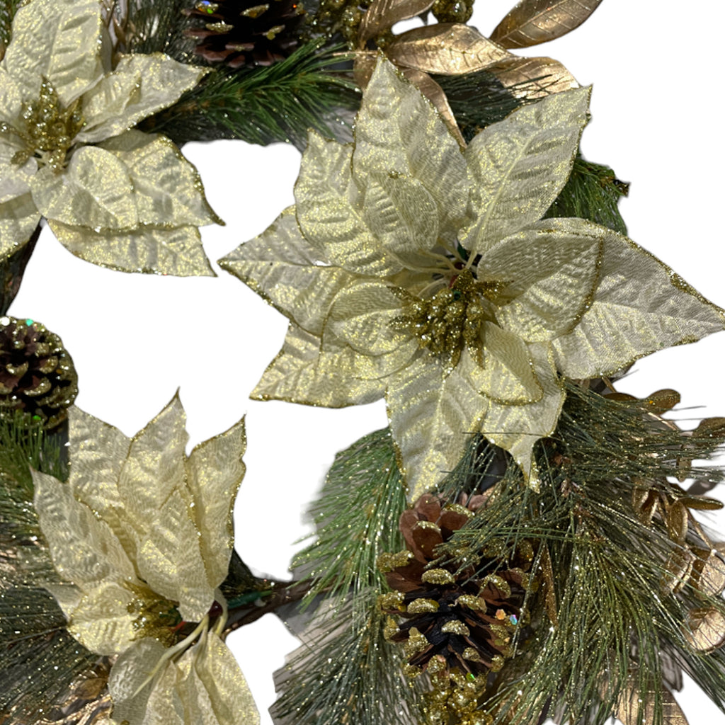 Artificial wreath with cream poinsettias, gold leaves & pinecone