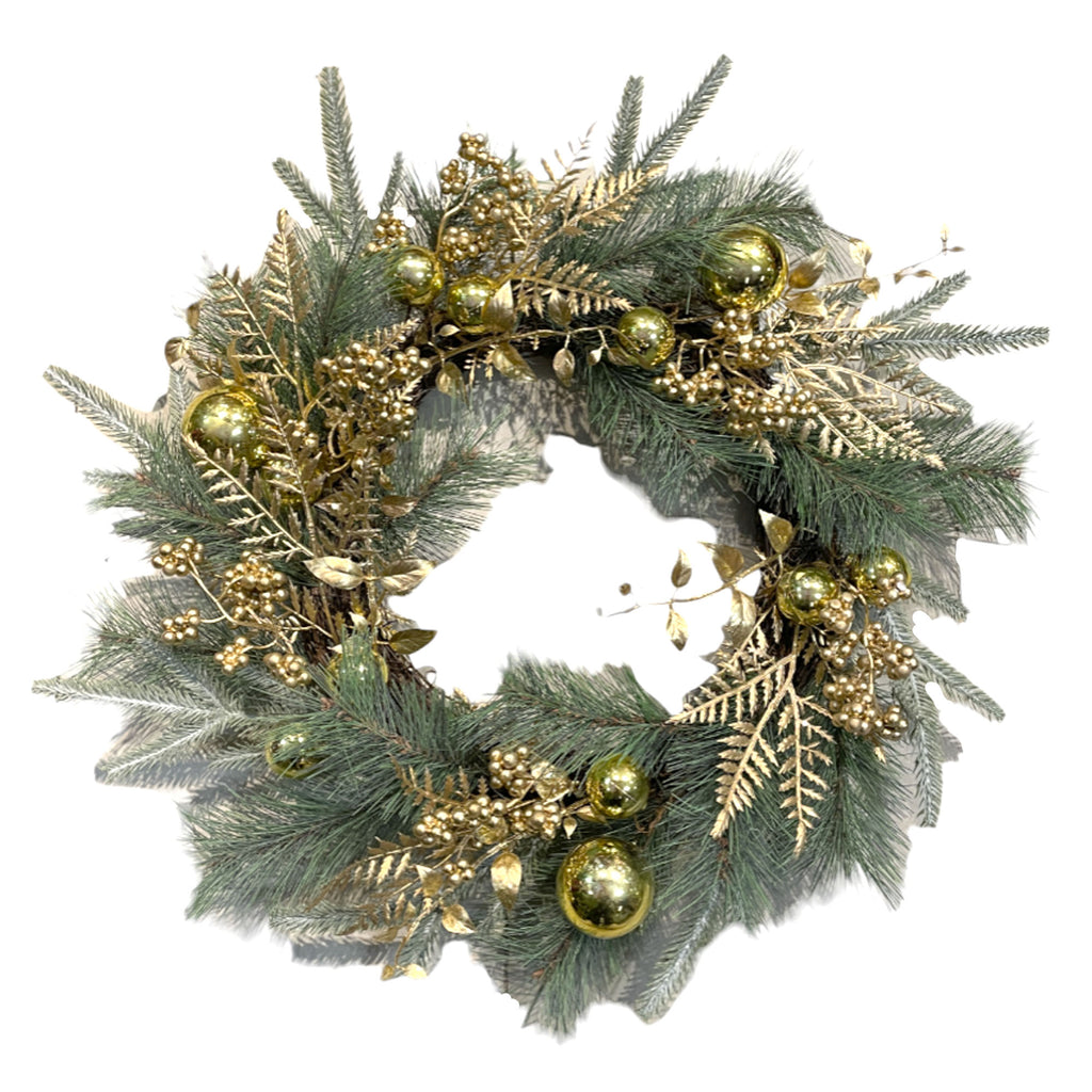 Artificial Wreath with fine pine, gold ornaments & berries