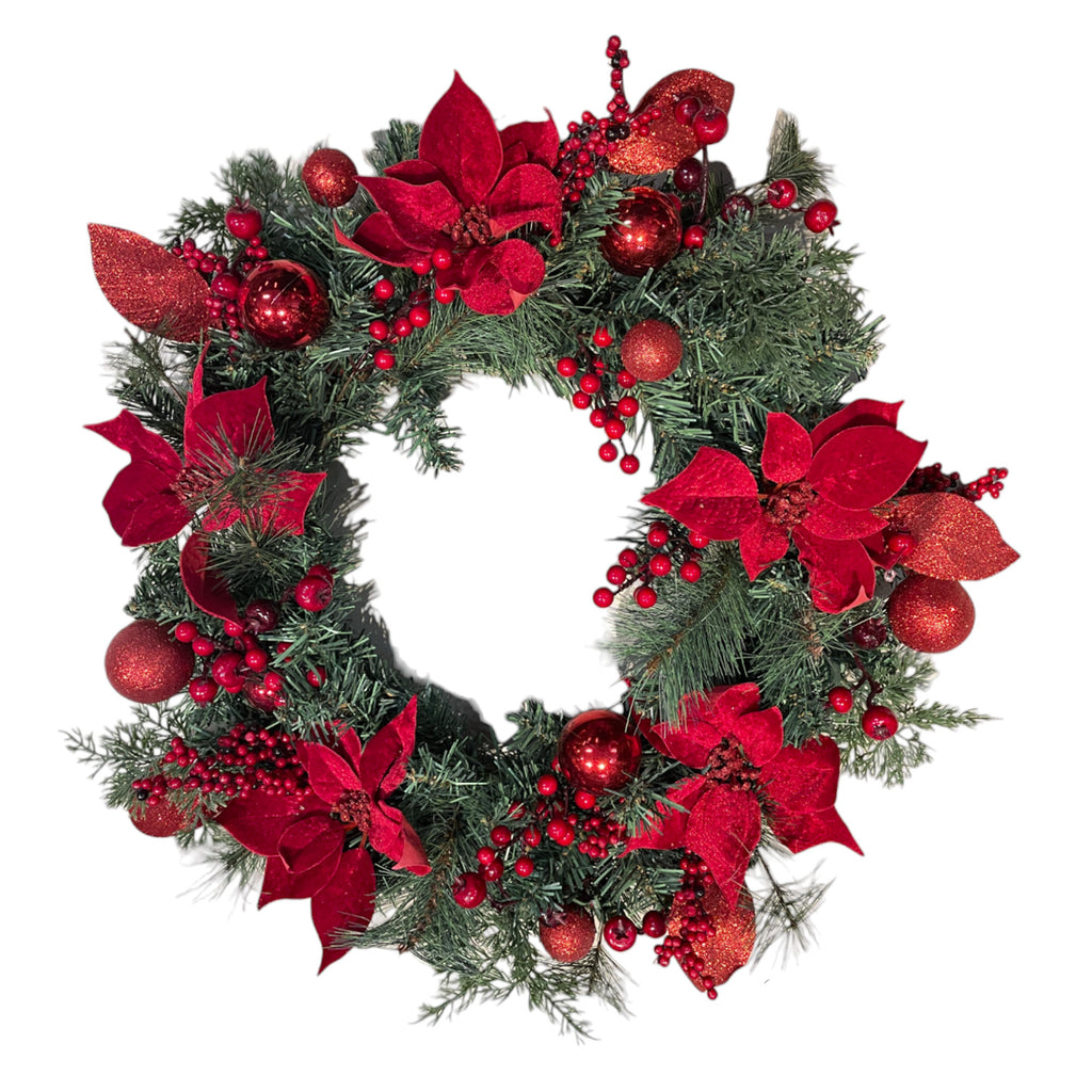 Artificial Wreath with Red Poinsettias & Ornaments