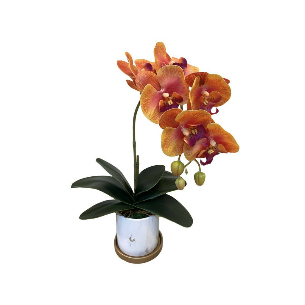 Artificial Single-Stalk Phalaenopsis Orchid Arrangement in Marble-Design Pot with Gold Plate (0.45m)